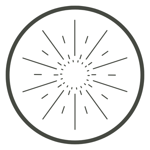 A minimalist logo design featuring a central sunburst pattern with radiating lines within a circular outline.